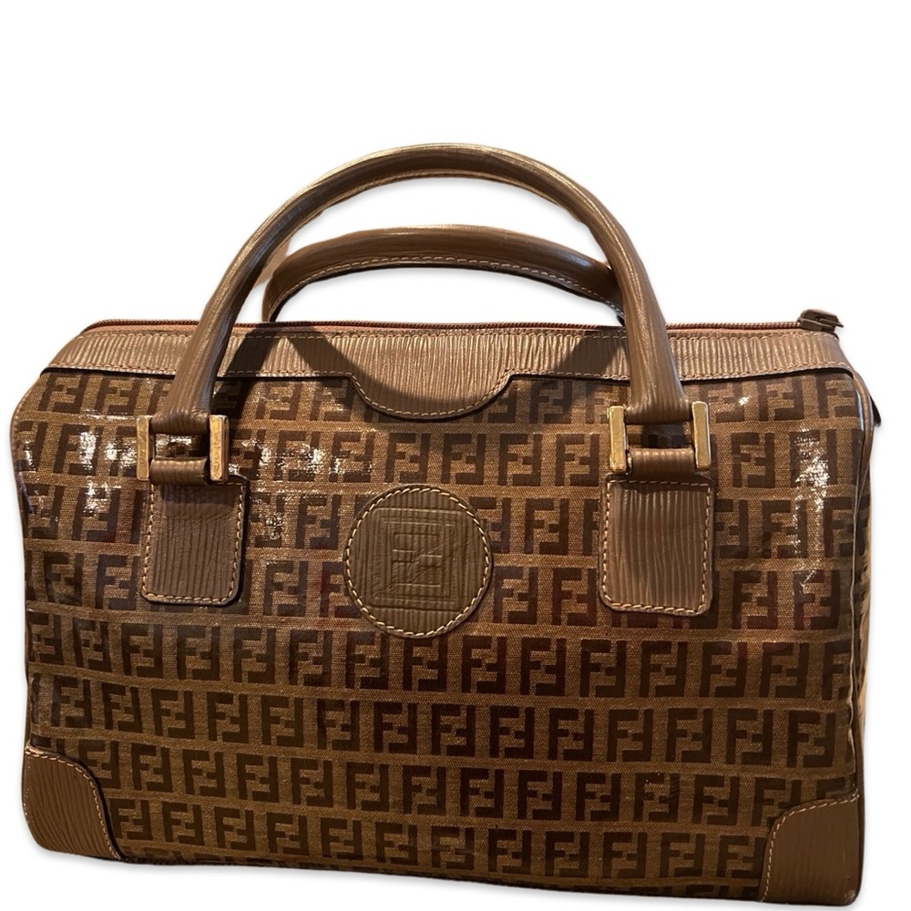 Fendi Zucca Monogram Boston Satchel Brown Coated Canvas Bag 💯% Authentic
